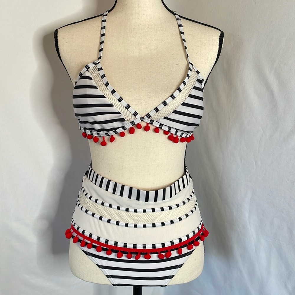 Bikini high rise triangle black and white striped with sheer‎ panels size medium